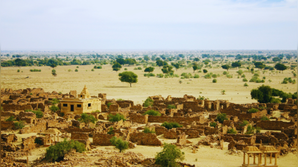 The deserted landscape of Kuldhara village in Rajasthan.