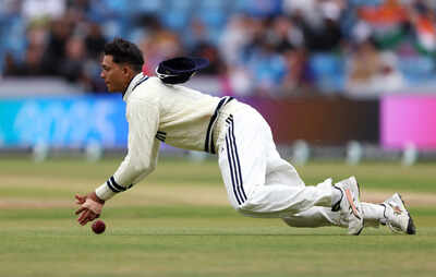 Yashasvi Jaiswal looks to the sky after scoring a century.